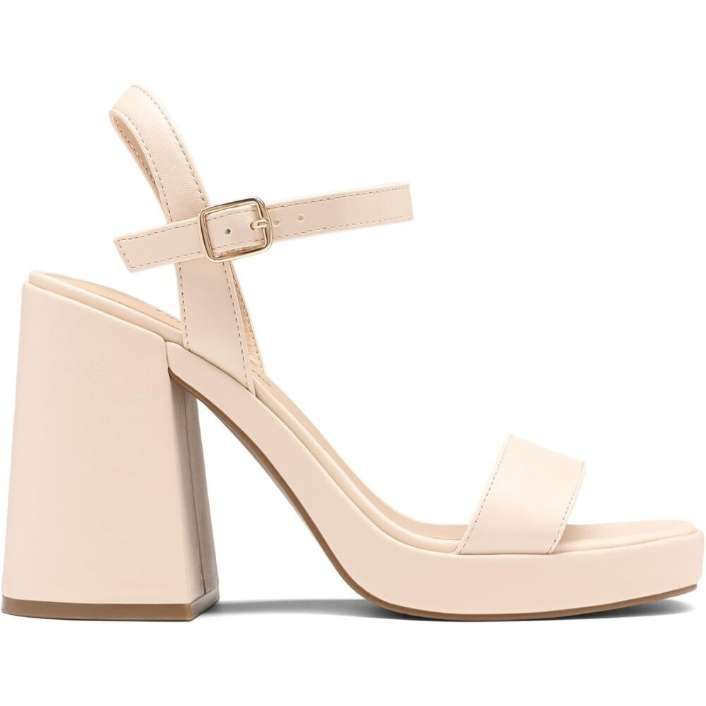 Women's Nude High Open Toe Chunky Ankle Strap Stylish Sandal Comfort Heel Shoe - Picture 4 of 6
